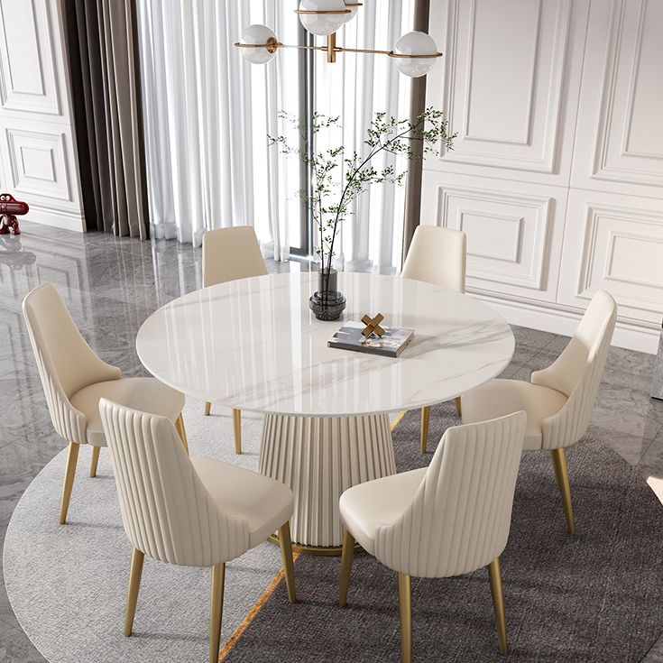 Round Traditional Luxury Dining Room Table White Sintered Stone Table with White Pedestal Base