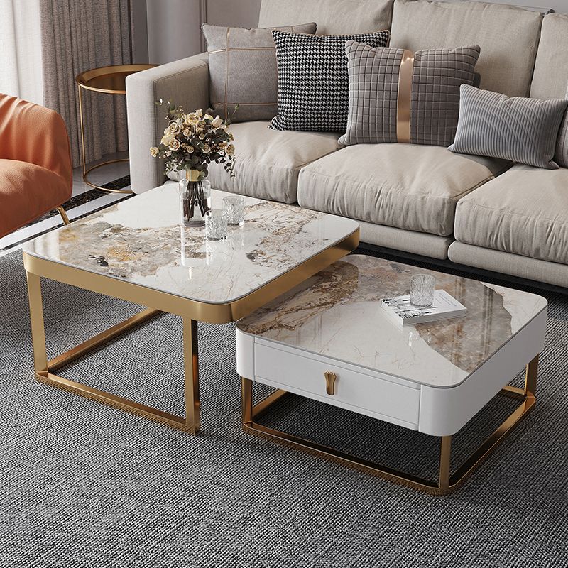 Gold Frame Metal Iron Base Design with Drawer Square Coffee Table