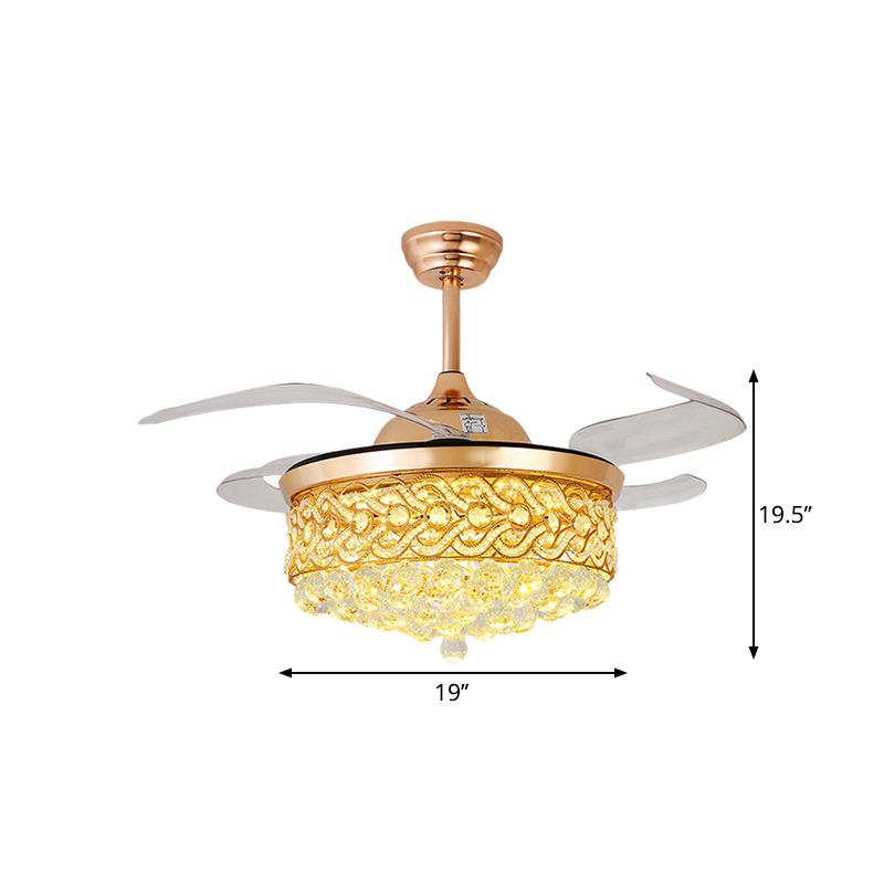 4-Blade-LED-Salon-Anhänger-Lüfterlampe moderne Gold/Silber-Halbblüte mit runden geschnittenem Kristallschatten, 19 "W.