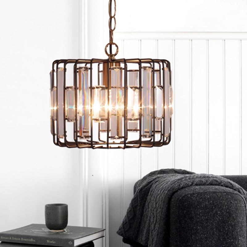Crystal Embedded Brass Hanging Light Drum Cage 11"/13" Wide 1-Light Rustic Ceiling Pendant for Living Room