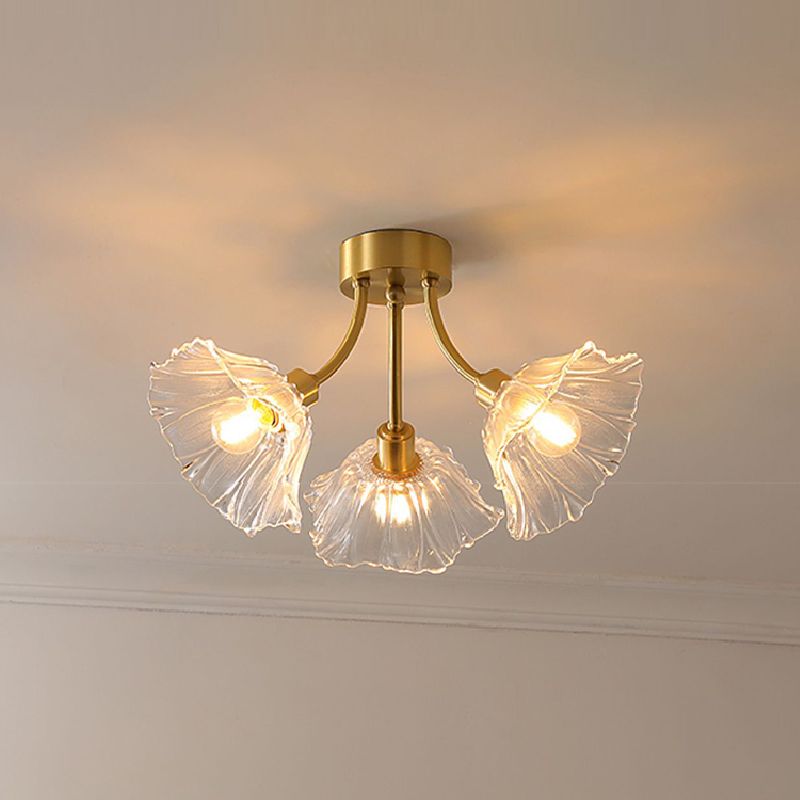 Flower Shape Glass Flush Mount Light Modern Multi Lights Ceiling Mount Light in Brass