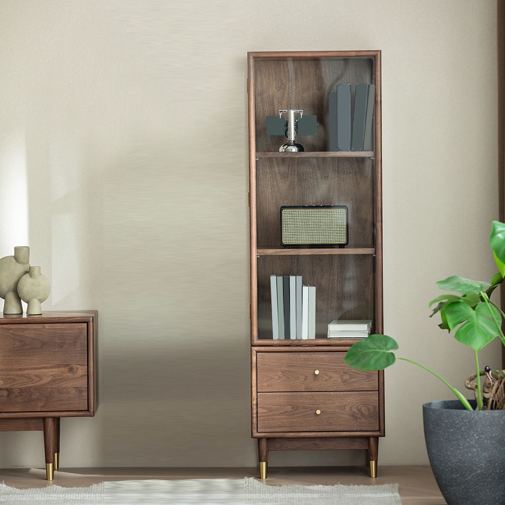66.9" Tall 2-Drawer Accent Cabinet Solid Wood Glass Paned Side Cabinet in Walnut Brown