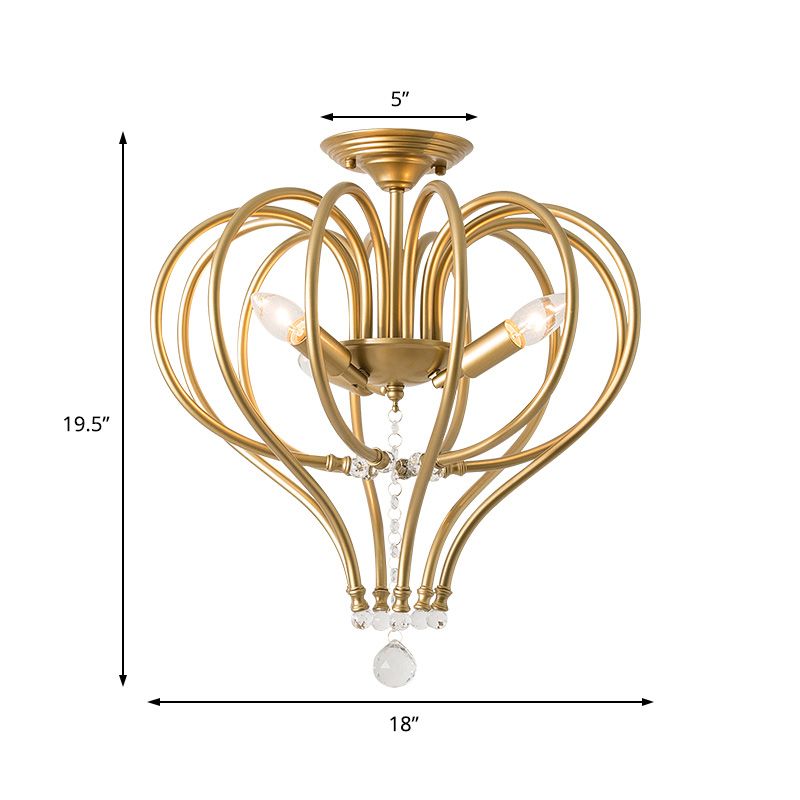 Lampada semi -filo della corona d'oro contemporanea 3 luci metallo vicino alla luce del soffitto con caduta di cristallo