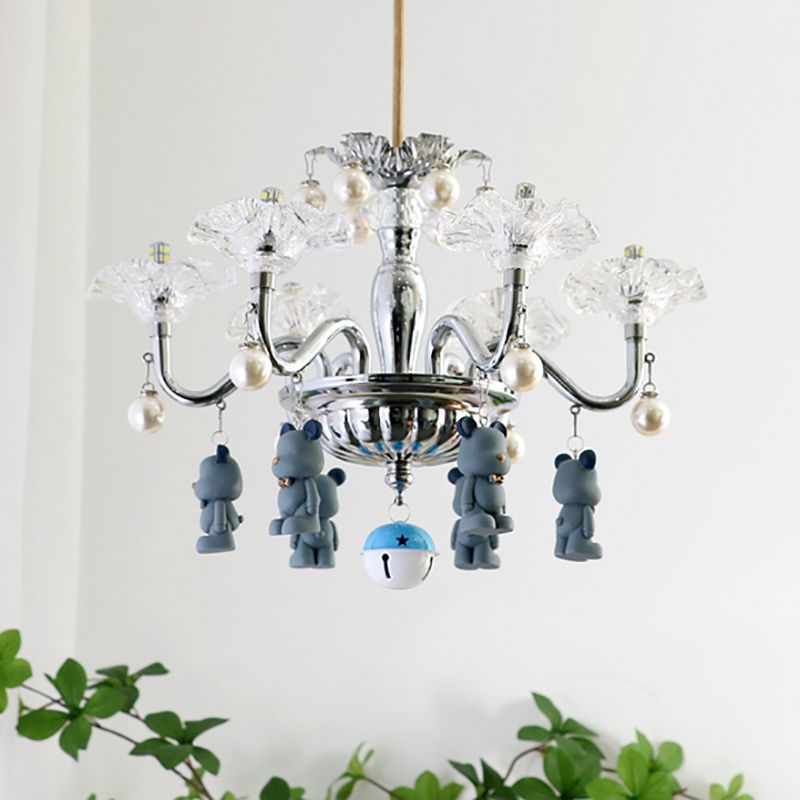 Lampadella di vetro trasparente moderno sospensione in argento a 6 luci per camera da letto