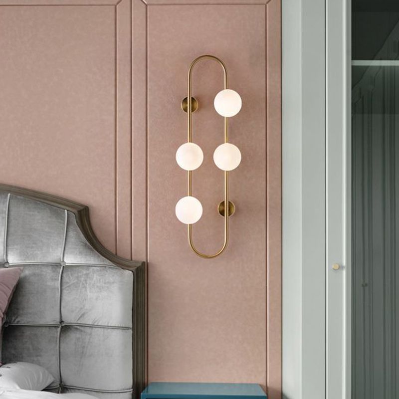 Gold Oblong Sconce Modernity 4 Heads Metal Wall Light Fixture with Orb Milky Glass Shade