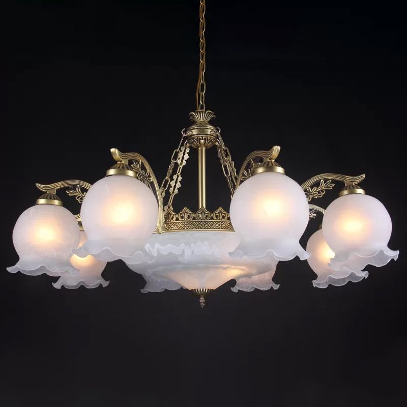 11-Bulb Ruffled Down Chandelier Farmhouse Bronze White Glass Hanging Ceiling Light