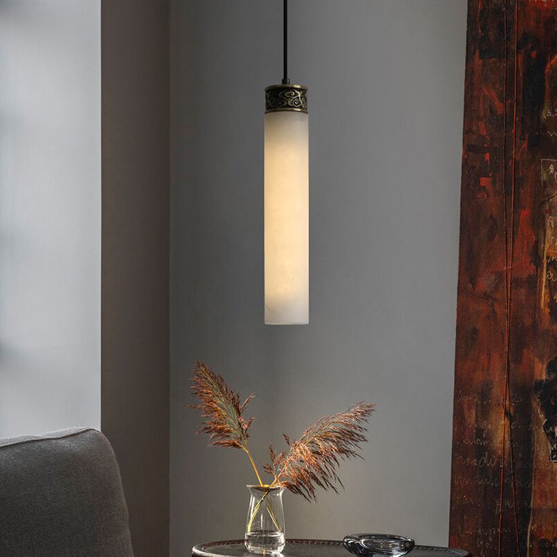 Cylinder Hanging Light Fixture Modern 1-Light White Suspension Lamp with Stone Shade