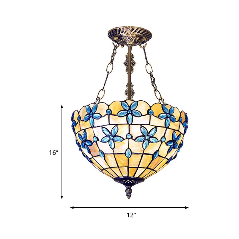 Bloem Semi Flush Light Tiffany Style Shell 12"/14"/16" Breed 3 Lichten Antiek Messing Plafondarmatuur