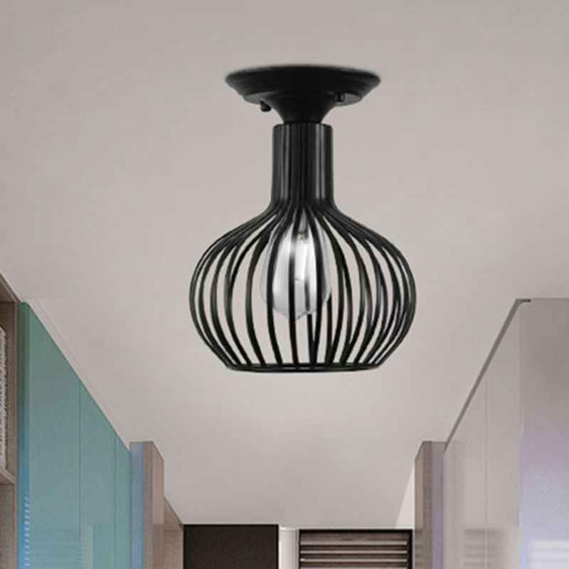 Retro Loft Globe / Pear Cage Ceiling Fixture 1 Light Metallic Semi-Flush Mount Light in Black for Hallway