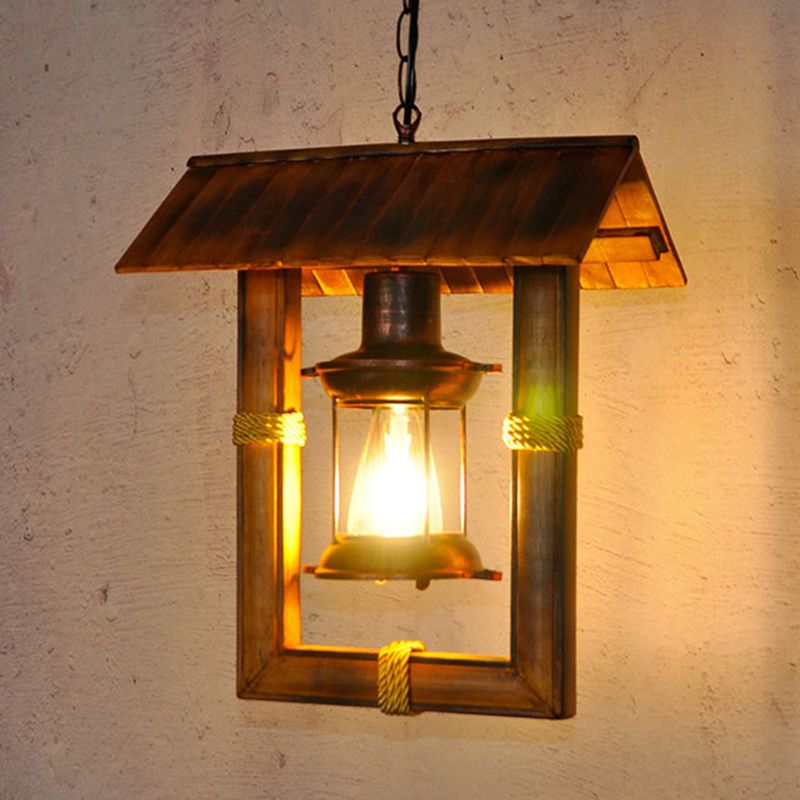 Single Bulb Rectangular Bamboo Retro Hanging Light Nautical Style Kerosene Lamp Modeling Suspended Lamp