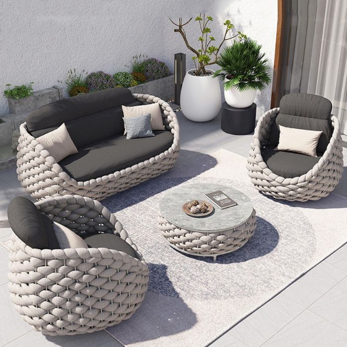 Tropical Patio Sofa Wicker/Rattan Gray Fabric Cushion UV Resistant Outdoor Patio Sofa