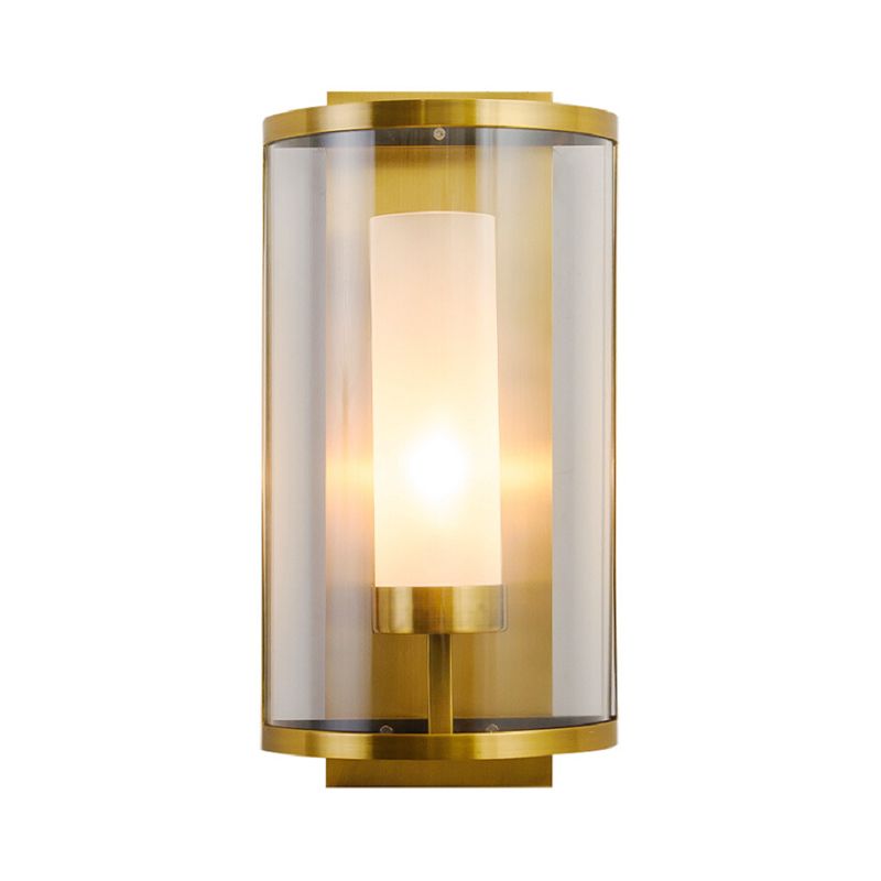 Gold Half-Cylinder Wall Lamp Colonial Clear Glass 1 Light Bedroom Wall Mount Lighting
