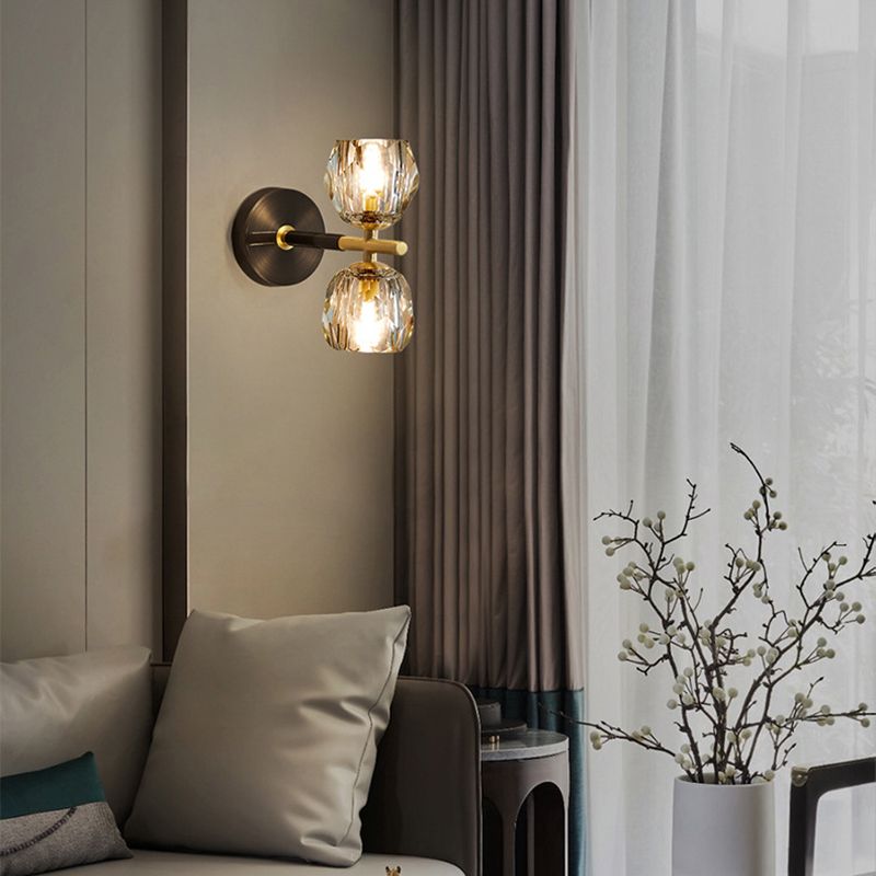 1 / 2 - Light Brass Wall Armed Sconce in Black and Gold Wall Light with Crystal Shade