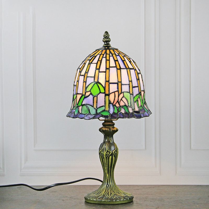 1-Bulb Bell Shaped Table Light Tiffany Weathered Bronze Stained Glass Nightstand Lamp