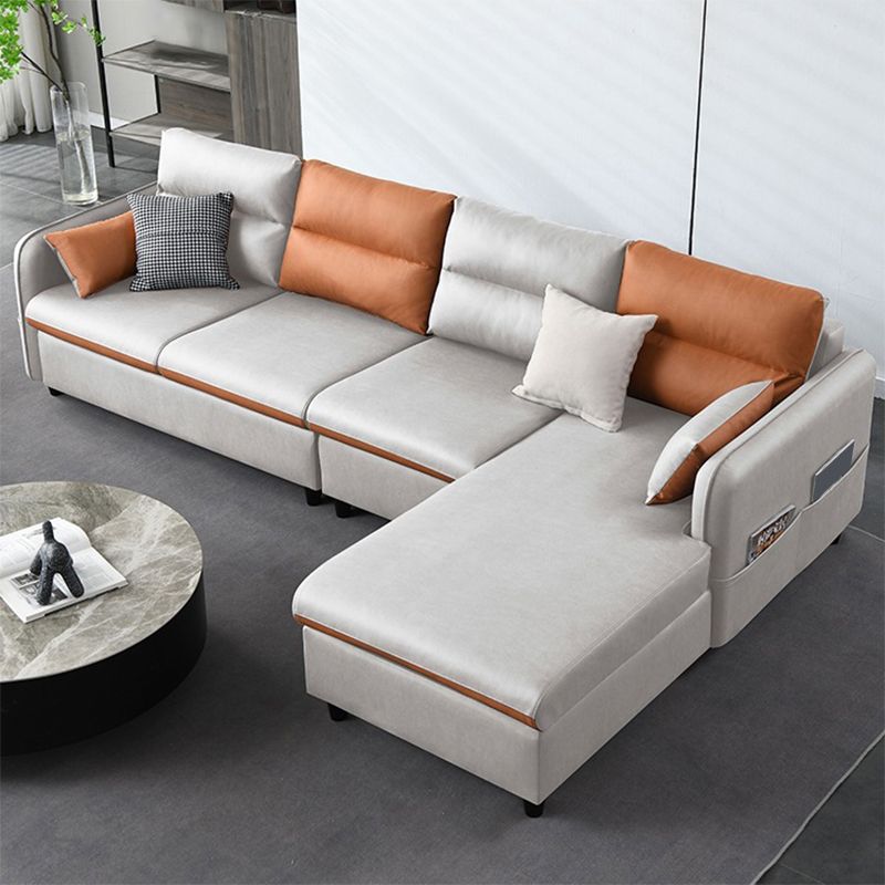 Faux Leather Sectional with 4 Pillows Back and Storage Arms for Living Room