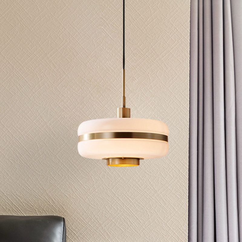 Drum Pendant Light Fixture Postmodern White Glass 1 Light Bedroom Hanging Ceiling Light