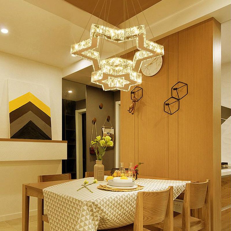 Kristallblock fünfzackiger sternhängender Kronleuchter einfaches Edelstahl-LED-Deckenleuchte, warm/weiß/3 Farblicht