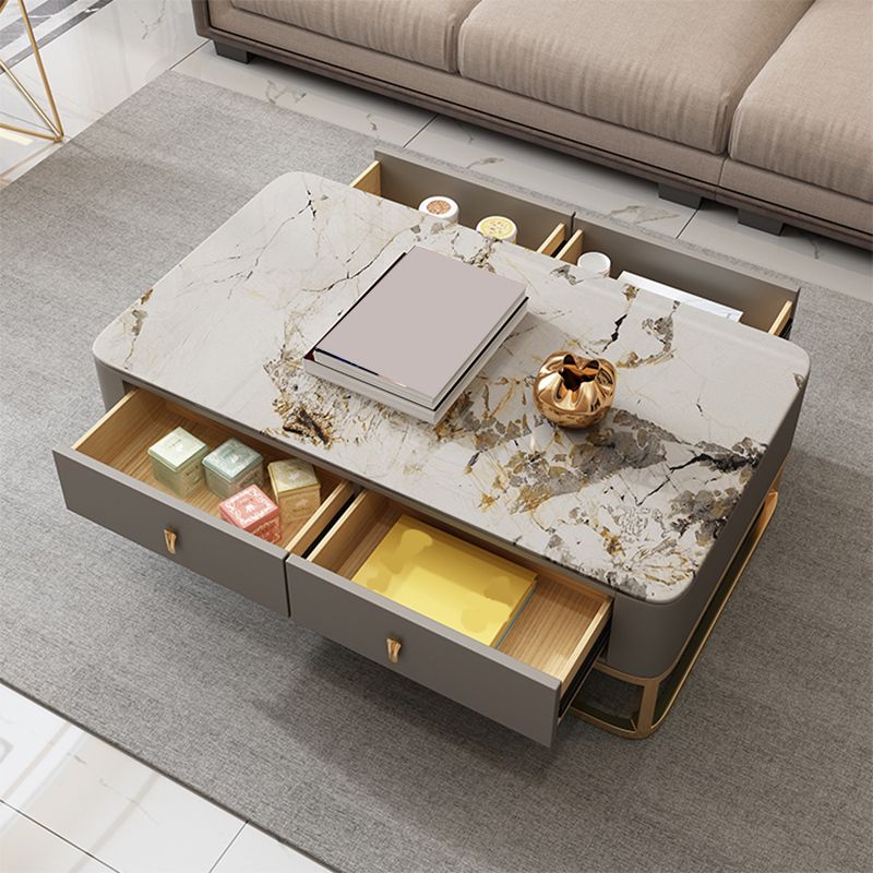 Glam Rectangle Stone Coffee Table Single 4 Legs Coffee Table with Storage Drawers