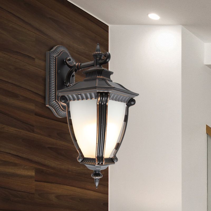 1-Light Sconce Lighting Country Outdoor Wall Lampe With Urn Tanslucent Glass Shade in Black