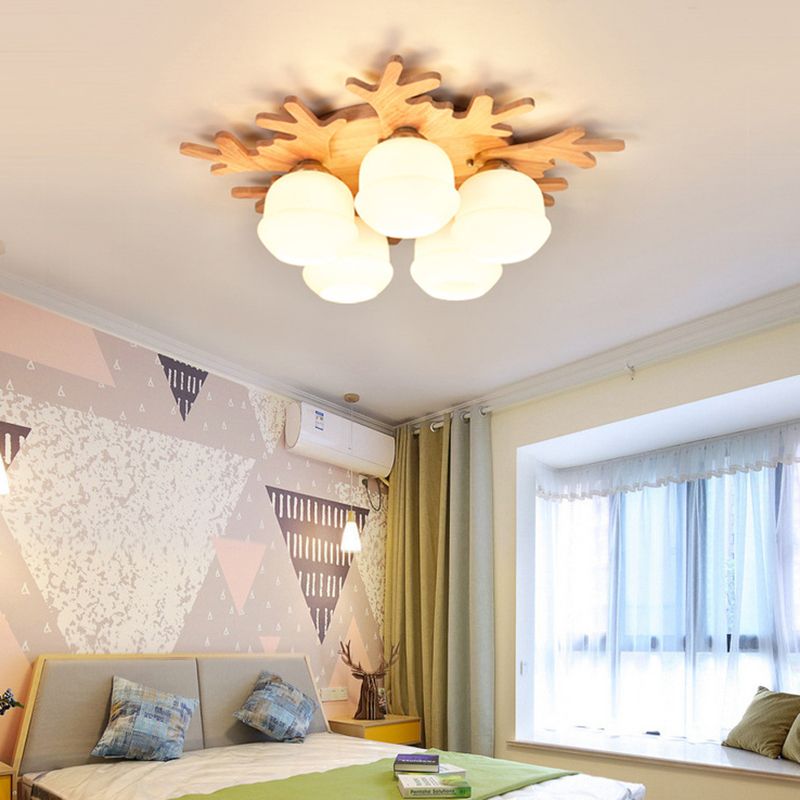 Plafonnier à abat-jour en forme de bourgeon blanc, avec bois beiges, joli plafonnier en bois pour chambre d'enfant