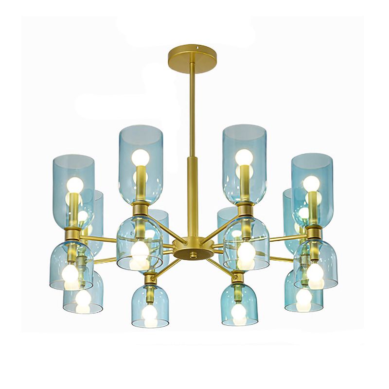 Modernist 16 Heads Chandelier Lamp Black/Gold Cylinder Hanging Pendant Light with White/Blue Glass Shade