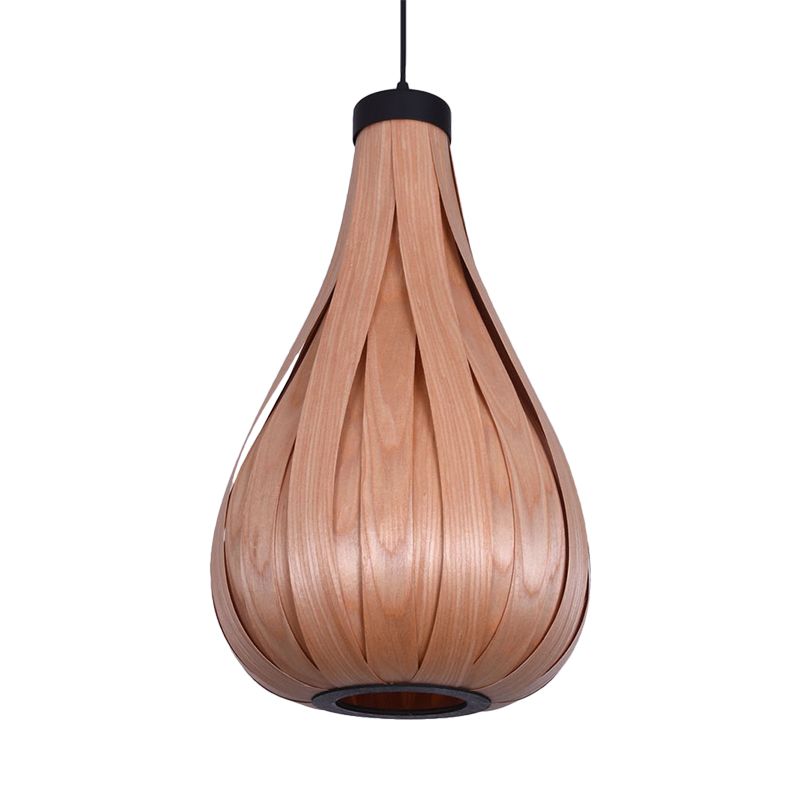 Brown/White Water Drop Pendant Light Asian Style Wooden Single Head Hanging Lamp over Dining Table