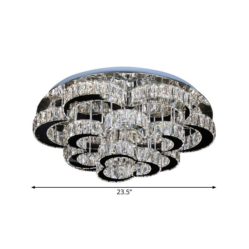 Tiered Floral Semi Flush Mount Modernist Crystal LED Parlor Ceiling Fixture in Chrome, Remote Control Stepless Dimming Light