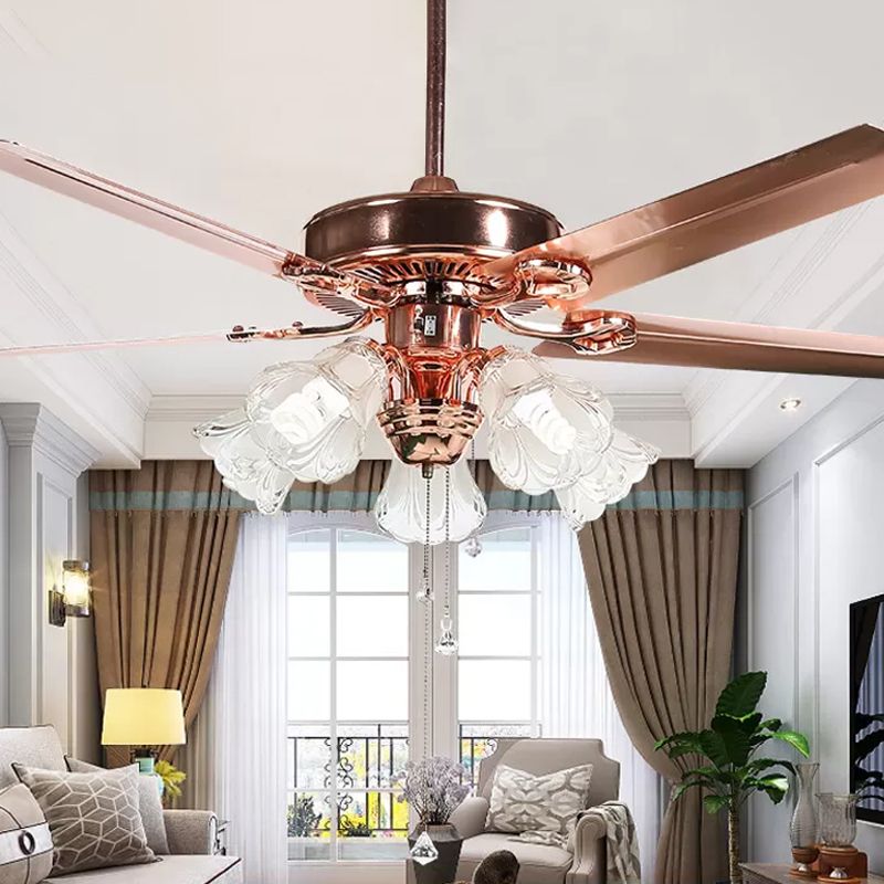52" Wide Gold 5 Lights Hanging Fan Light Countryside Frosted Glass Bell Shade Semi-Flush Mount, 5 Blades