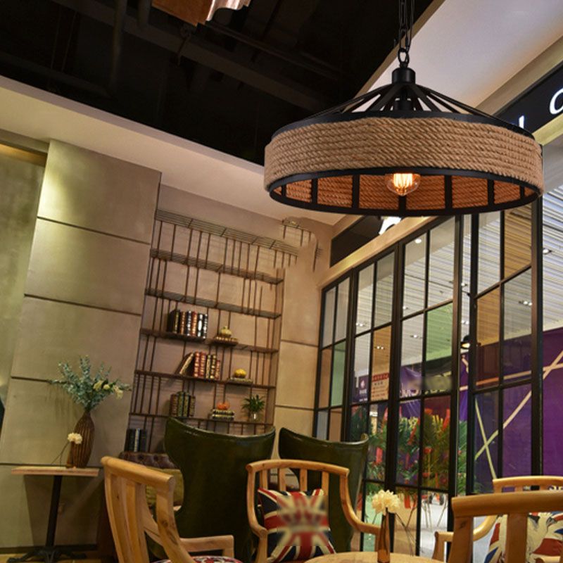 Geometric Rope Pendant Light Fixture Retro-Style Restaurant Pendant Ceiling Light in Beige