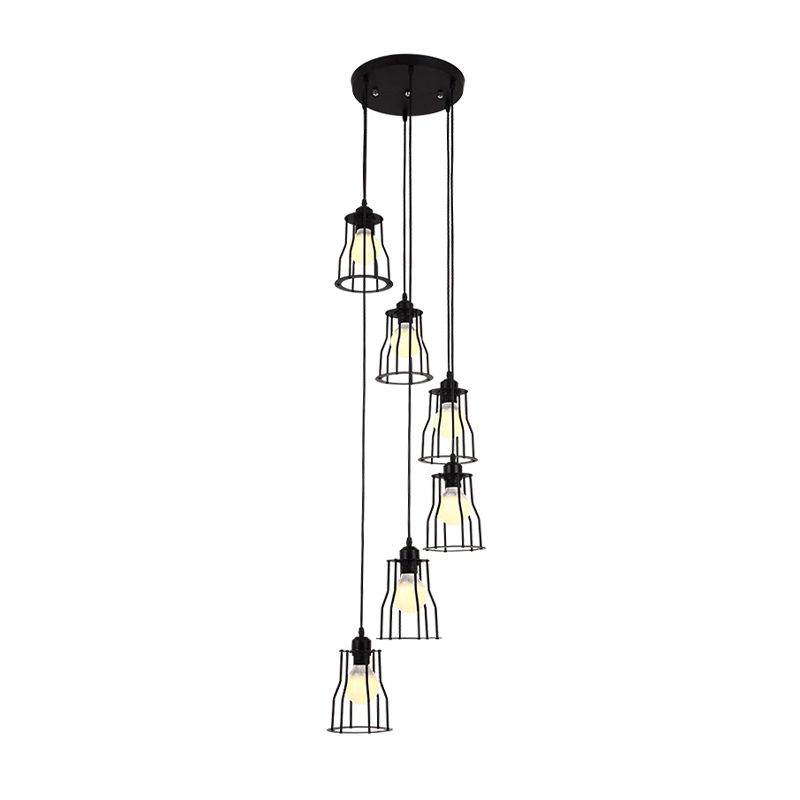Iron Wire Cage Multi Ceiling Light Industrial 6 Heads Stair Suspended Pendant Lamp in Black