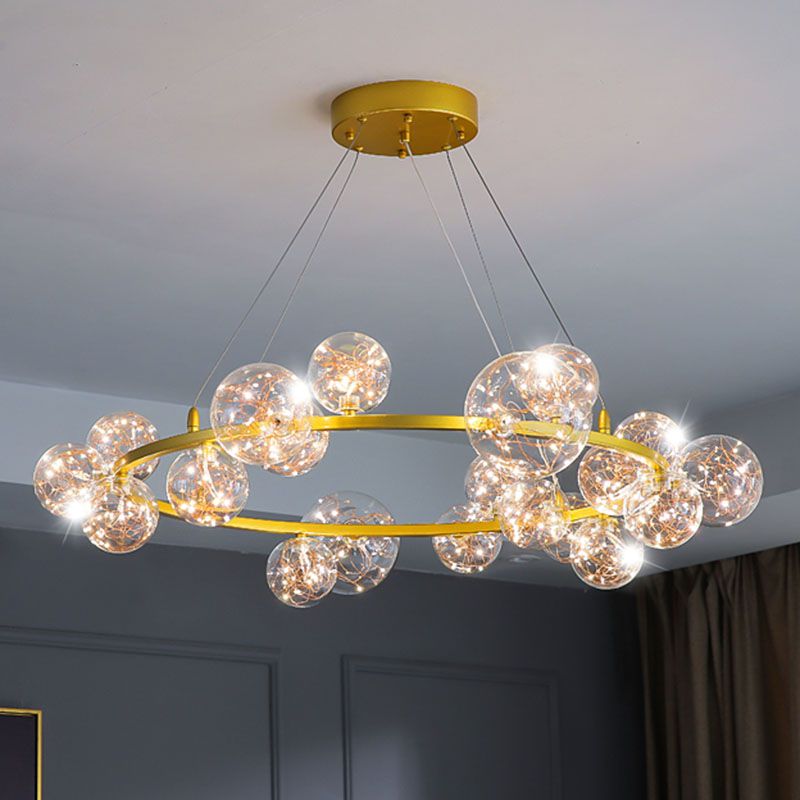 Orb Bedroom Hanging Chandelier Clear Glass Starry LED Modern Ceiling Suspension Lamp in Gold