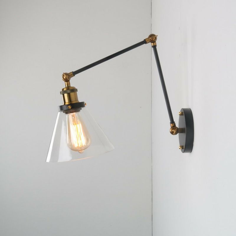 Lámpara de luz de pared de cono vintage 1 lámpara de pared de vidrio transparente con brazo largo