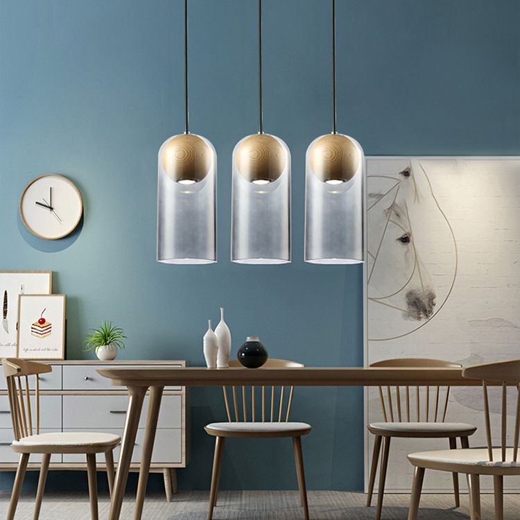 Lámpara de madera de color colgante LED artístico moderno con tono de vidrio gris
