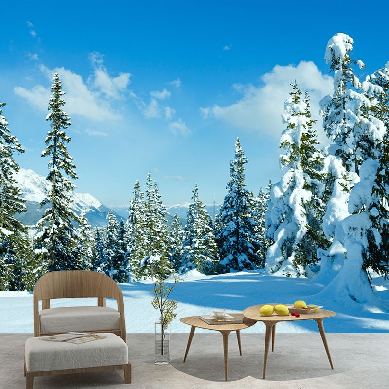 Huge Snow Scenery Mural Modern Beautiful Pine Tree and Road Wall Covering in Blue-White