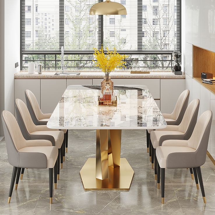 Mesa de comedor de piedra sinterizada de lujo Mesa blanca rectangular con pedestal de metal