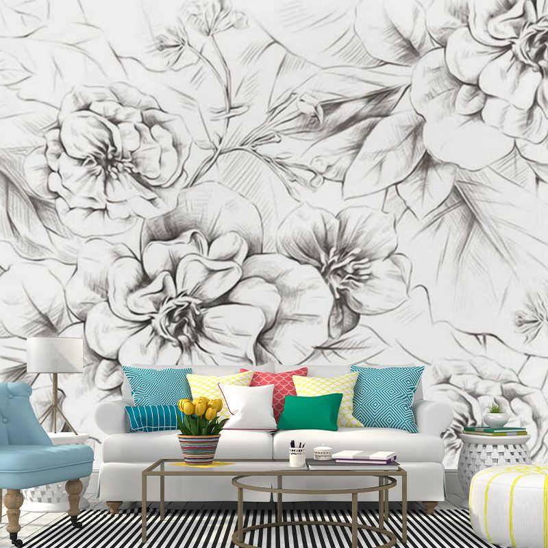 Peony Sketch Wall Paper Murals Modernist Waterproof Bedroom Wall Art, Made to Measure