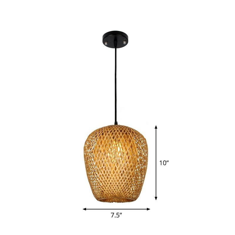 Chinese Hand-Weaving Hanging Light Bamboo 1 Head Living Room Pendulum Light in Beige