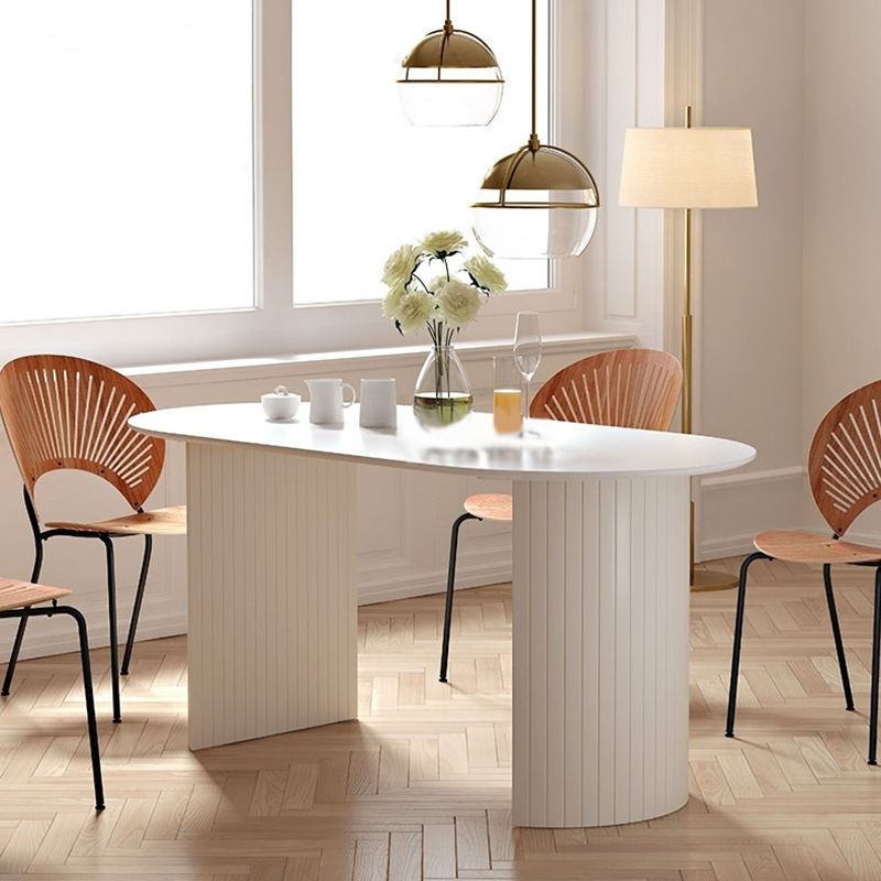 Vast hout eigentijdse ovale eettafel dubbele voetstuktafel voor eetkamer