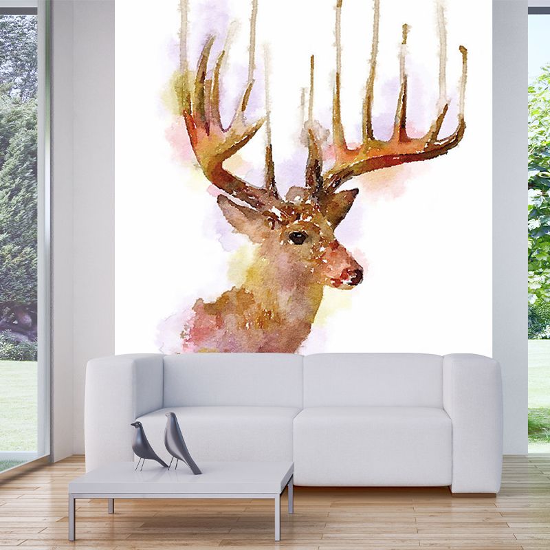 Watercolor Deer Head Mural Wallpaper Art Deco Stain Resistant Bedroom Wall Covering, Custom Made