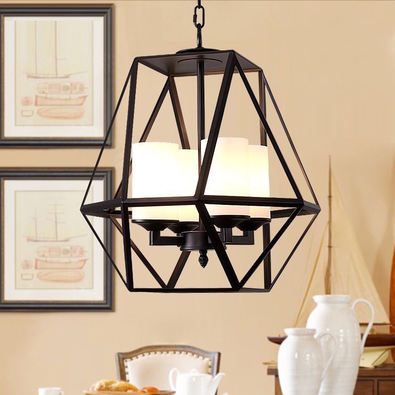 Wrought Iron Black Pendant Light in Industrial Vintage Style Geometric Adjustable Ceiling Light with Iron Frame