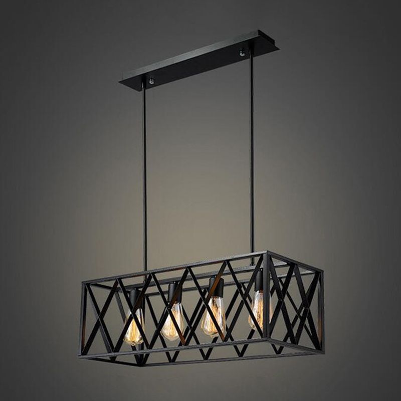 Rectangular Shape Pendant Lighting Modern Style Metal 4 Lights Hanging Lamp in Black