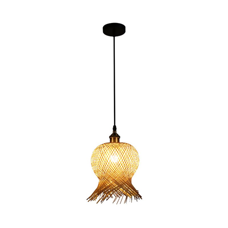Jellyfish Shape Hand-Woven Bamboo Hanging Lamp Asian 1-Light Beige Pendant Light for Restaurant