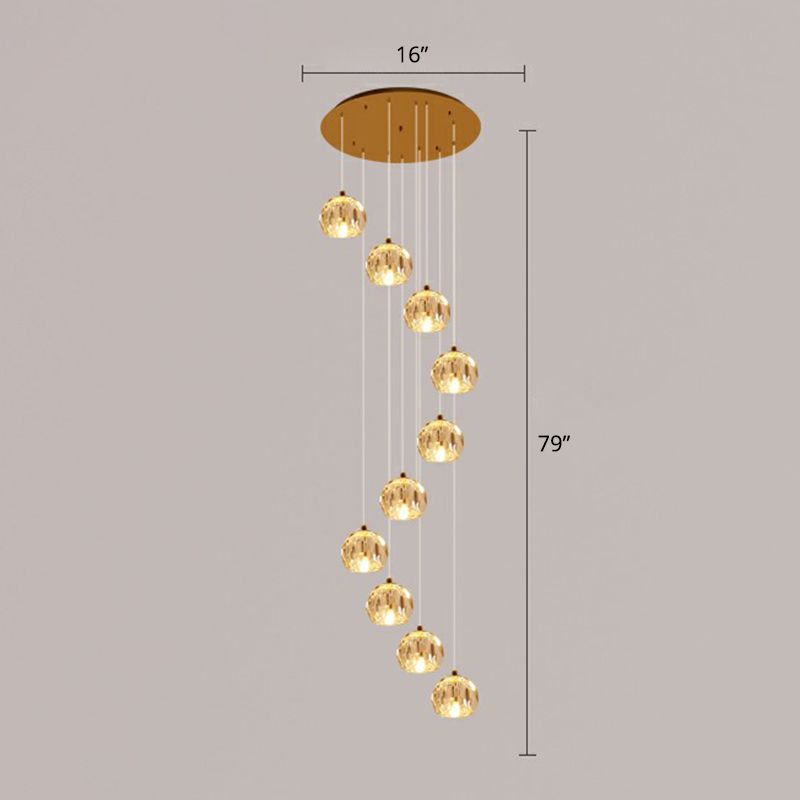 Faceted Cut Crystal Ball Ceiling Lamp Minimalist Golden Cluster Pendant Light for Stairs