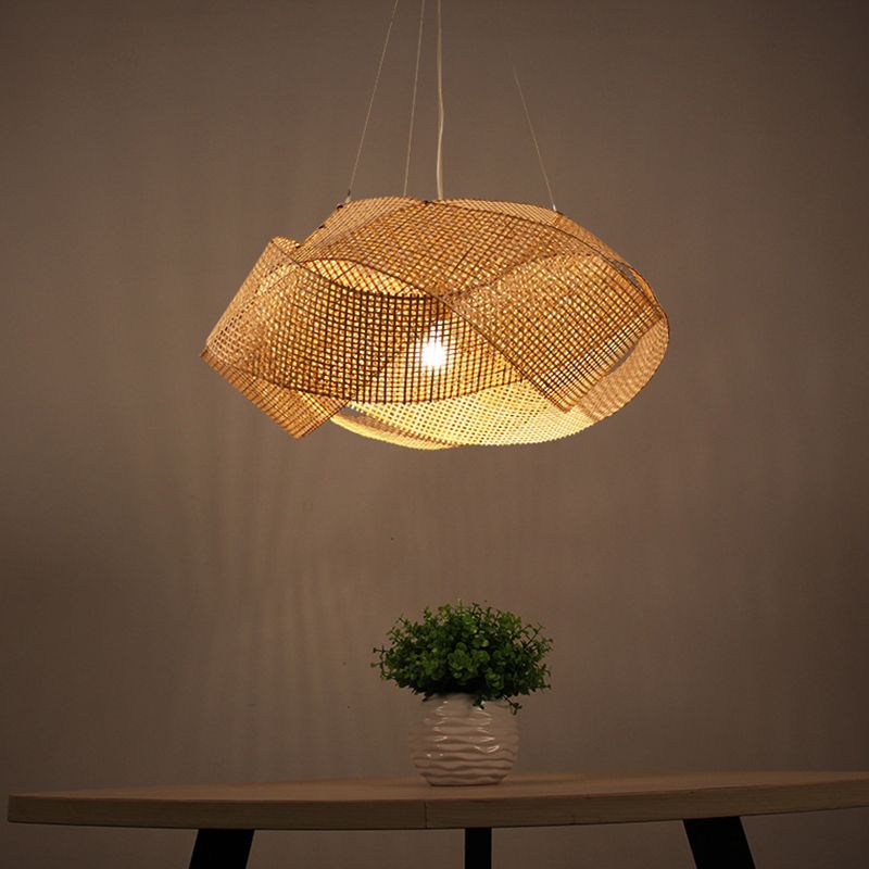 Luce a sospensione intrecciata intrecciata Bamboo contemporanea Singola sala da pranzo Luce a soffitto a beige, 16 "/19.5" /27,5 "w