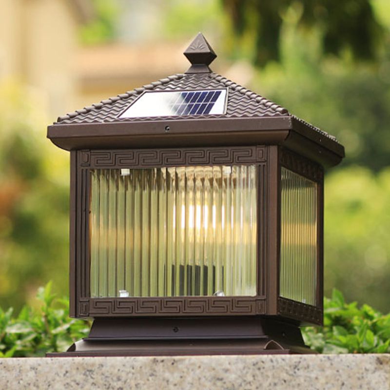 Rectangular Shape Metal Solar Pillar Lamp Modern Style 1 Light Outdoor Lights in Brown