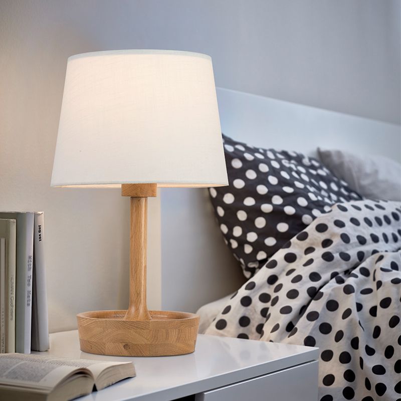 Cone Shade stoffen taaklamp modern 1 lamp vlas/wit leeslamp, ronde beige houten voet
