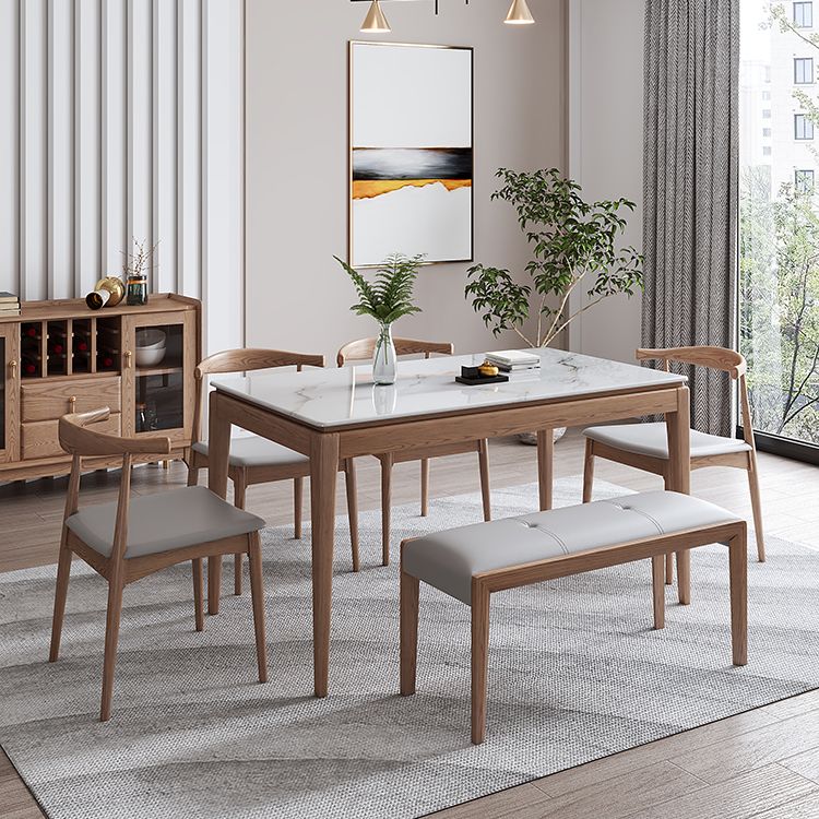 Rectangle Mid-Century Modern Dining Table White Sintered Stone Table with 4 Ash Solid Wood Legs