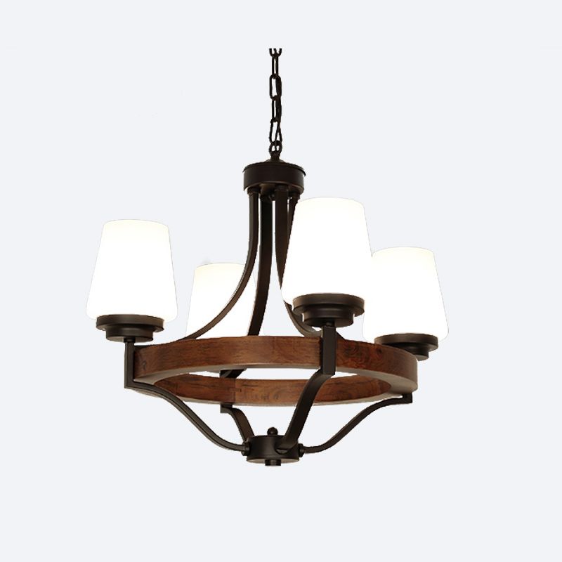 White Glass Cone Ceiling Light Fixture Rustic 4 Lights Dining Light Chandelier Light with Wooden Ring in Black