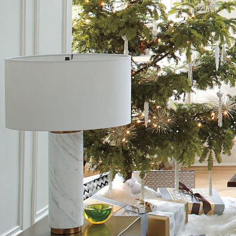 Cylindrical Task Lamp Modernism Fabric 1 Head White Table Light with Marble Base