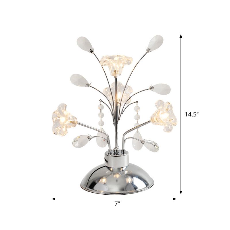 Lampada da tavolo ramificata per camera da letto Lampada da comodino cromata contemporanea a gocce di cristallo trasparente a 4 teste con paralume Lily